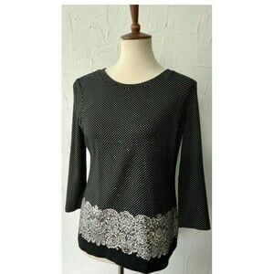 Talbots Top Small Knit Black/ Ivory Polka Dots Lace Print Border Long Sleeve EUC